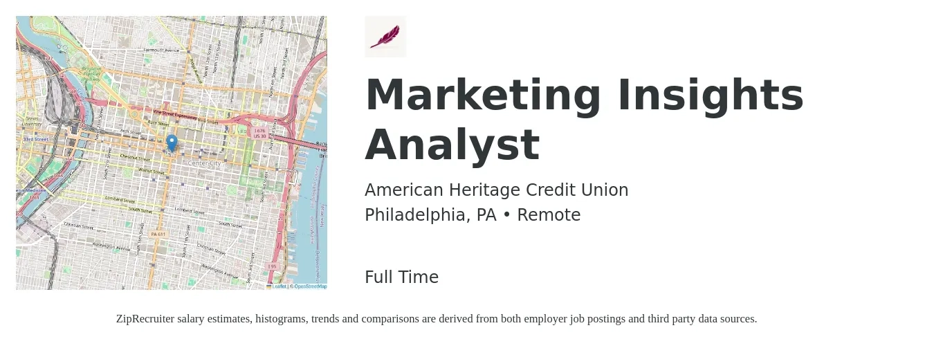 American Heritage Credit Union job posting for a Marketing Insights Analyst in Philadelphia, PA with a salary of $28 to $45 Hourly with a map of Philadelphia location.