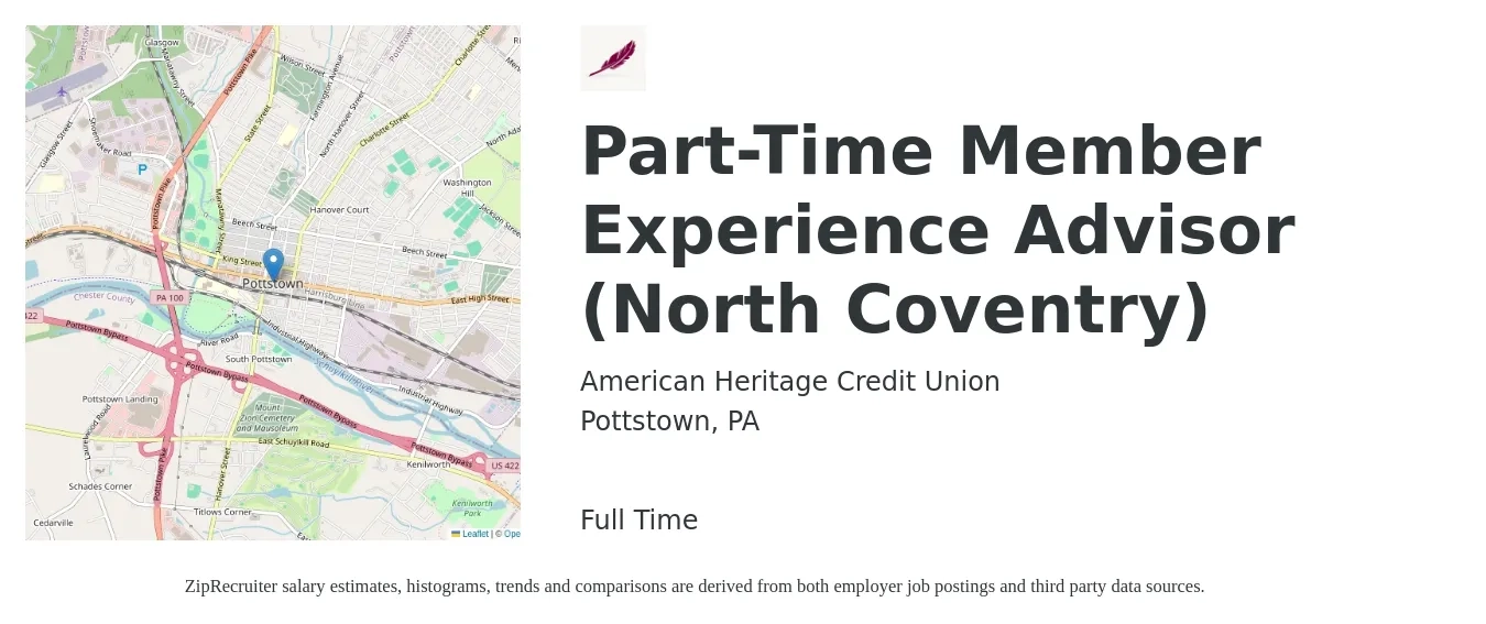 American Heritage Credit Union job posting for a Part-Time Member Experience Advisor (North Coventry) in Pottstown, PA with a salary of $16 to $20 Hourly with a map of Pottstown location.