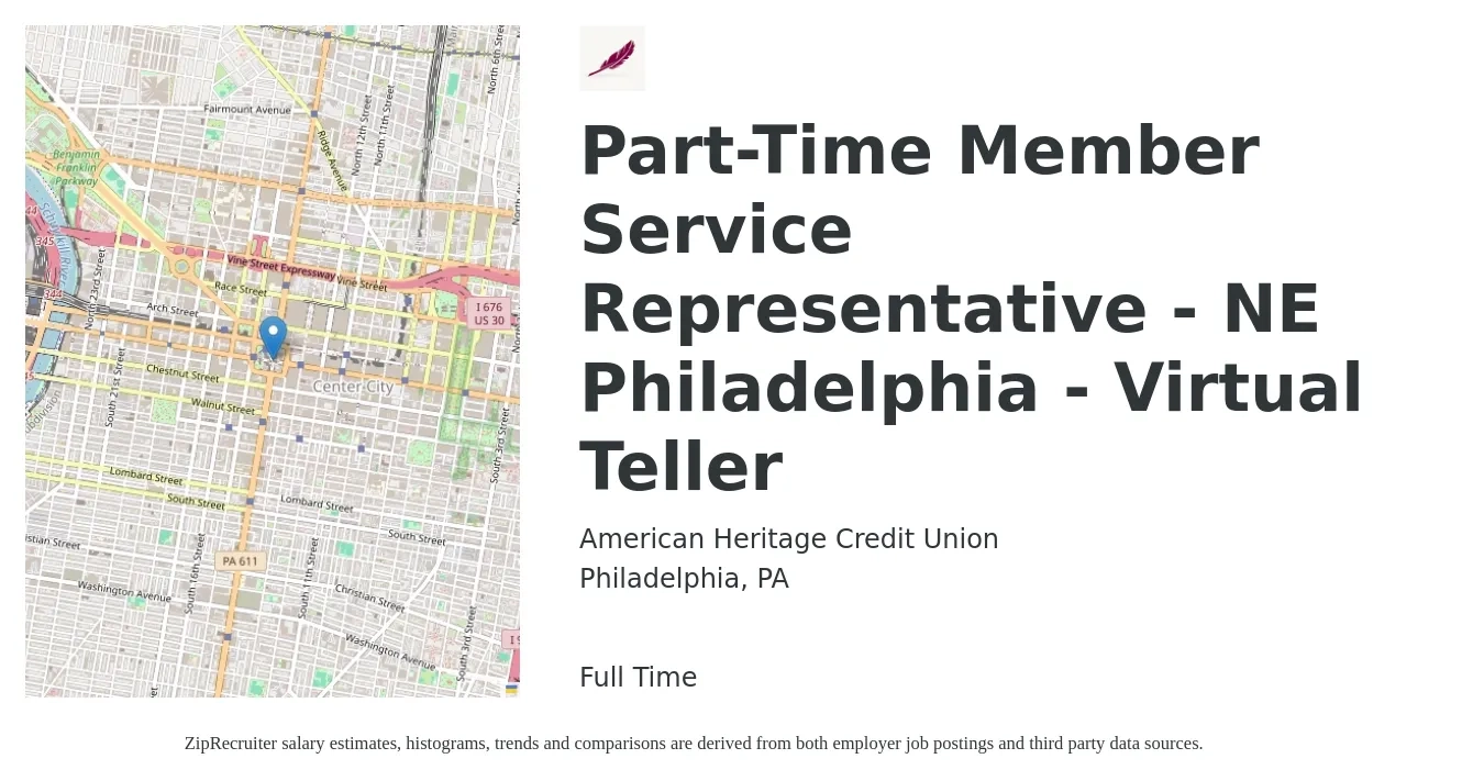American Heritage Credit Union job posting for a Part-Time Member Service Representative - NE Philadelphia - Virtual Teller in Philadelphia, PA with a salary of $18 to $21 Hourly with a map of Philadelphia location.