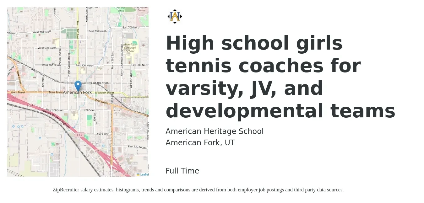 American Heritage School job posting for a High school girls tennis coaches for varsity, JV, and developmental teams in American Fork, UT with a salary of $14 to $20 Hourly with a map of American Fork location.
