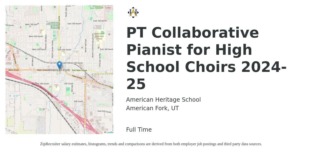 American Heritage School job posting for a PT Collaborative Pianist for High School Choirs 2024-25 in American Fork, UT with a salary of $17 to $22 Hourly with a map of American Fork location.