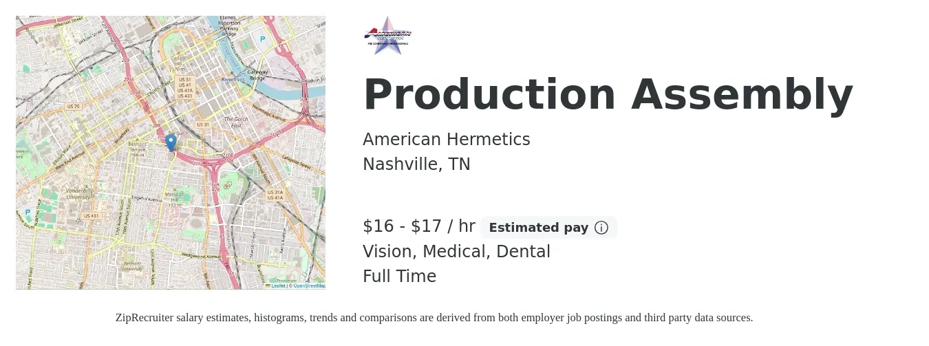 American Hermetics job posting for a Production Assembly in Nashville, TN with a salary of $17 to $18 Hourly and benefits including pto, retirement, vision, dental, and medical with a map of Nashville location.