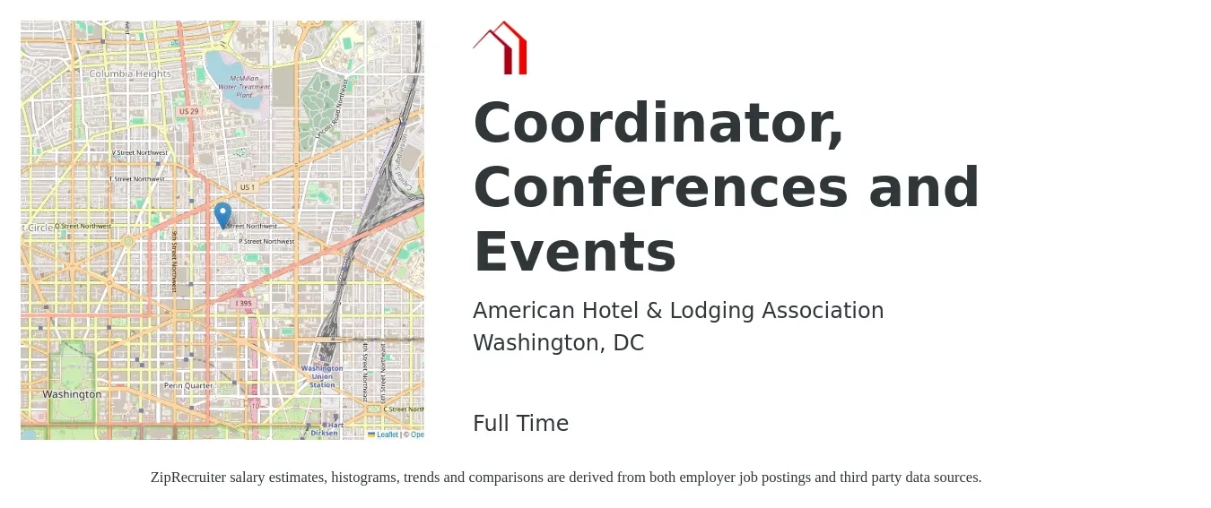 American Hotel & Lodging Association job posting for a Coordinator, Conferences and Events in Washington, DC with a salary of $55,000 to $60,000 Yearly with a map of Washington location.