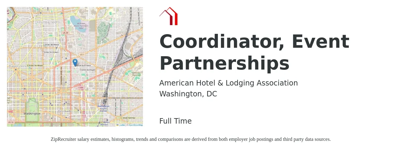 American Hotel & Lodging Association job posting for a Coordinator, Event Partnerships in Washington, DC with a salary of $55,000 to $60,000 Yearly with a map of Washington location.