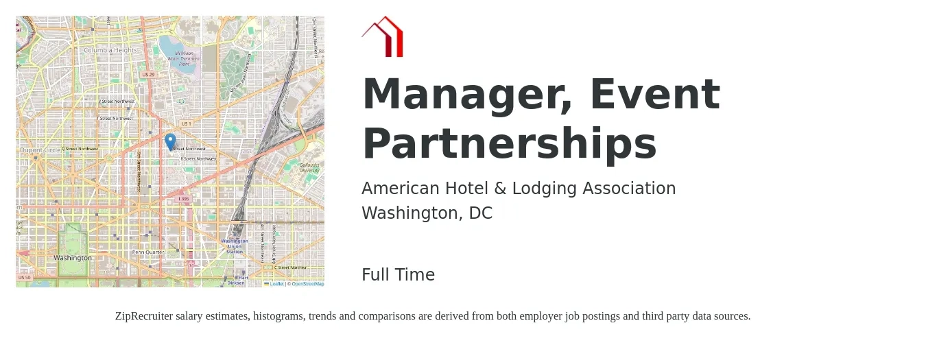 American Hotel & Lodging Association job posting for a Manager, Event Partnerships in Washington, DC with a salary of $70,000 to $75,000 Yearly with a map of Washington location.