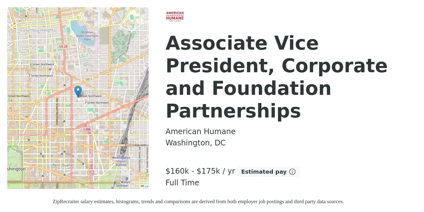 American Humane job posting for a Associate Vice President, Corporate and Foundation Partnerships in Washington, DC with a salary of $160,000 to $175,000 Yearly with a map of Washington location.