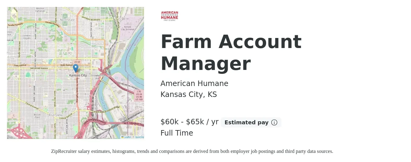 American Humane job posting for a Farm Account Manager in Kansas City, KS with a salary of $60,000 to $65,000 Yearly with a map of Kansas City location.