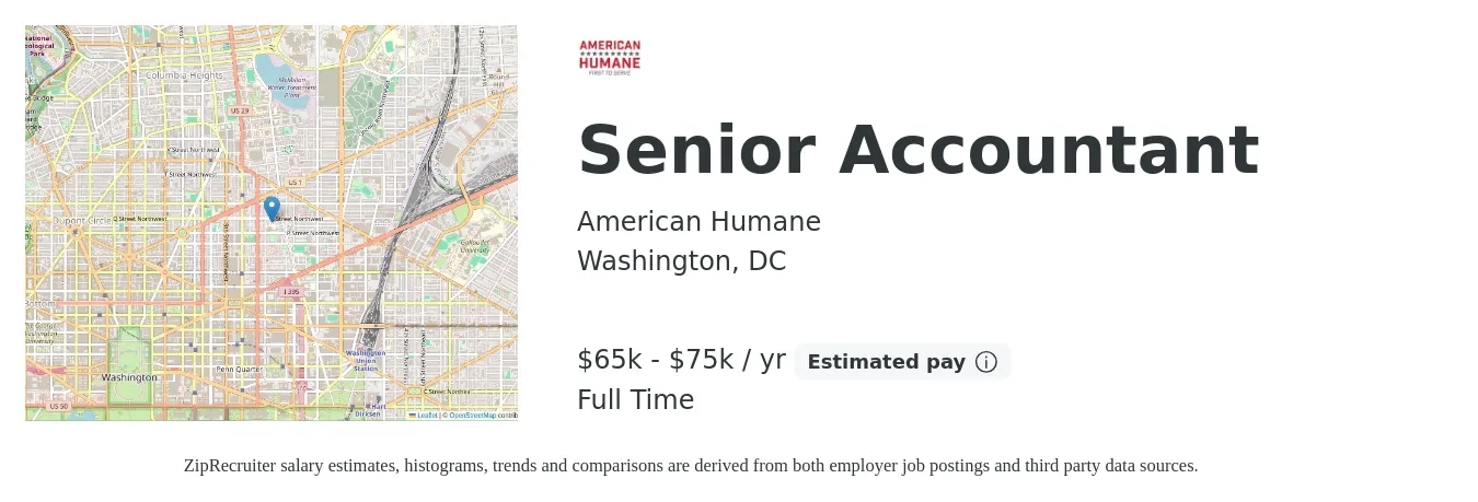 American Humane job posting for a Senior Accountant in Washington, DC with a salary of $65,000 to $75,000 Yearly with a map of Washington location.