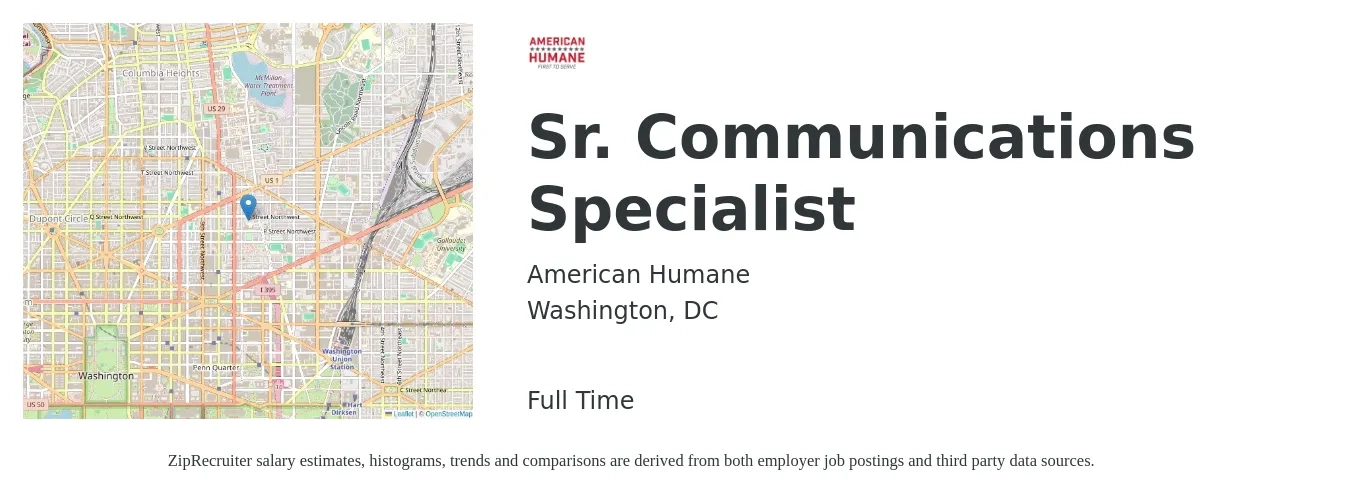 American Humane job posting for a Sr. Communications Specialist in Washington, DC with a salary of $74,200 to $111,500 Yearly with a map of Washington location.