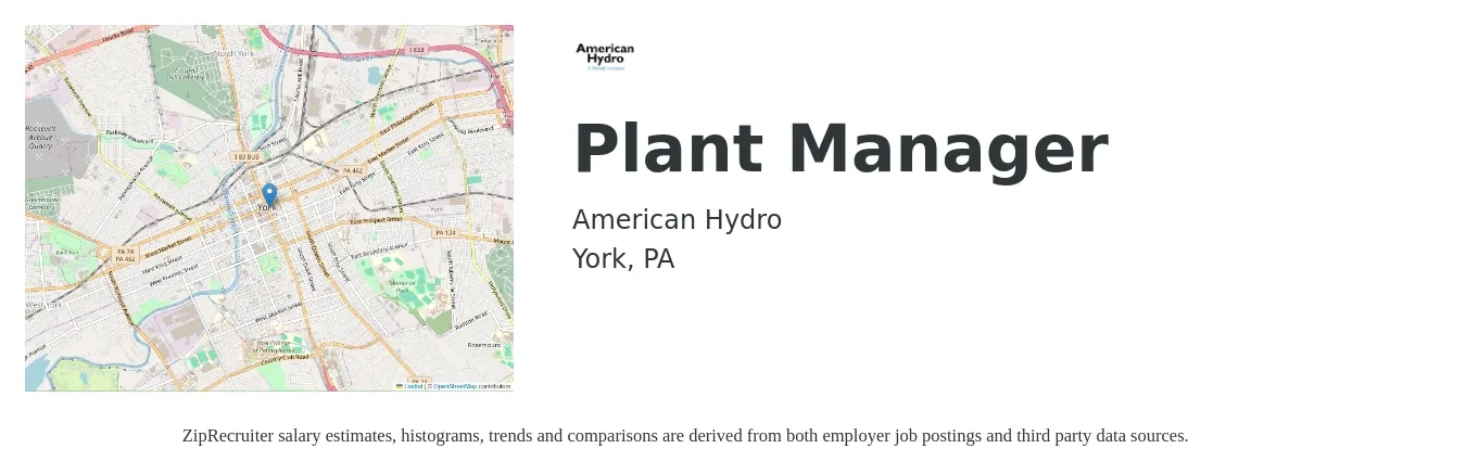 American Hydro job posting for a Plant Manager in York, PA with a salary of $89,600 to $138,300 Yearly with a map of York location.