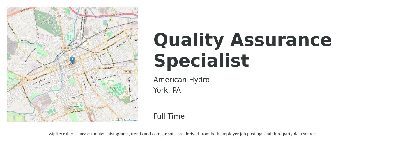 American Hydro job posting for a Quality Assurance Specialist in York, PA with a salary of $56,100 to $83,200 Yearly with a map of York location.