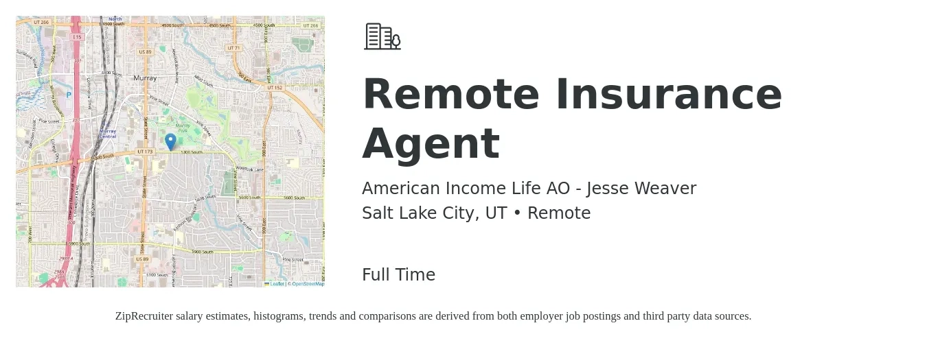 American Income Life AO - Jesse Weaver job posting for a Remote Insurance Agent in Salt Lake City, UT with a salary of $43,100 to $74,500 Yearly with a map of Salt Lake City location.