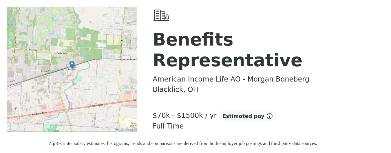 American Income Life AO - Morgan Boneberg job posting for a Benefits Representative in Blacklick, OH with a salary of $70,000 to $1,500,000 Yearly with a map of Blacklick location.