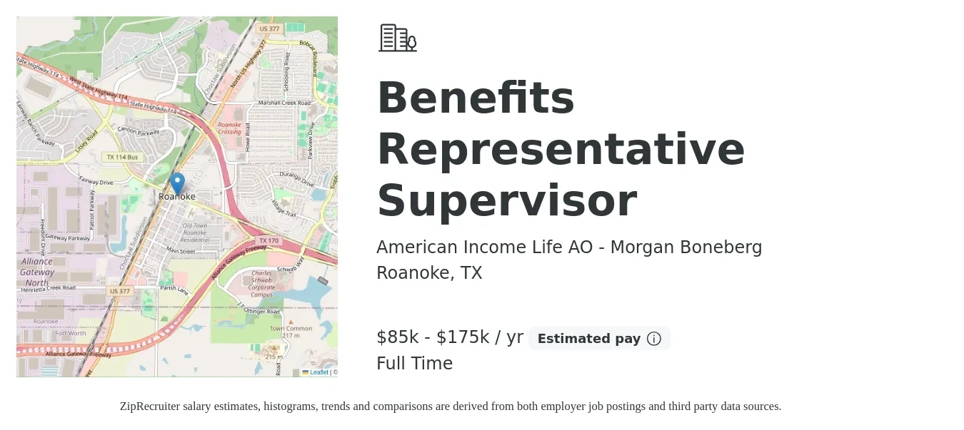 American Income Life AO - Morgan Boneberg job posting for a Benefits Representative Supervisor in Roanoke, TX with a salary of $85,000 to $175,000 Yearly with a map of Roanoke location.
