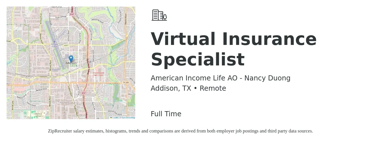 American Income Life AO - Nancy Duong job posting for a Virtual Insurance Specialist in Addison, TX with a salary of $36,300 to $68,200 Yearly with a map of Addison location.