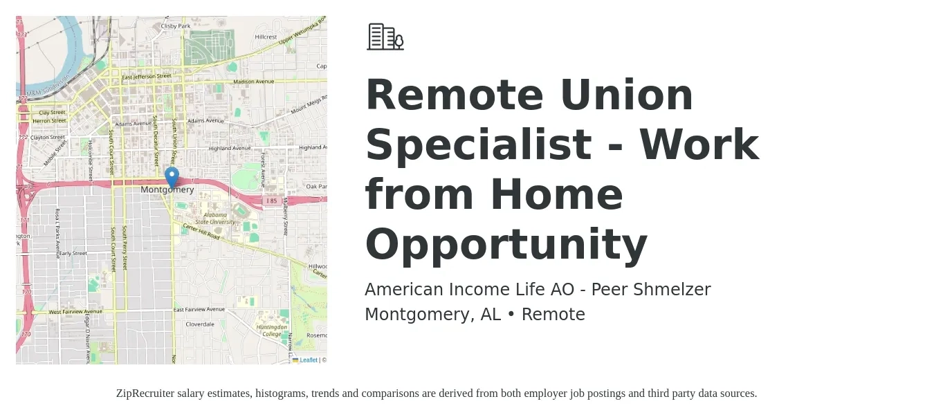American Income Life AO - Peer Shmelzer job posting for a Remote Union Specialist - Work from Home Opportunity in Montgomery, AL with a map of Montgomery location.
