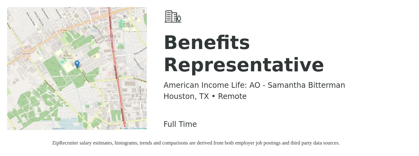 American Income Life: AO - Samantha Bitterman job posting for a Benefits Representative in Houston, TX with a salary of $37,200 to $64,500 Yearly with a map of Houston location.