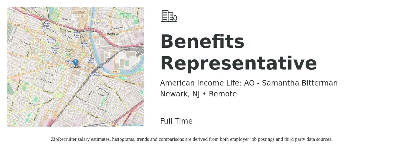 American Income Life: AO - Samantha Bitterman job posting for a Benefits Representative in Newark, NJ with a salary of $40,700 to $70,500 Yearly with a map of Newark location.