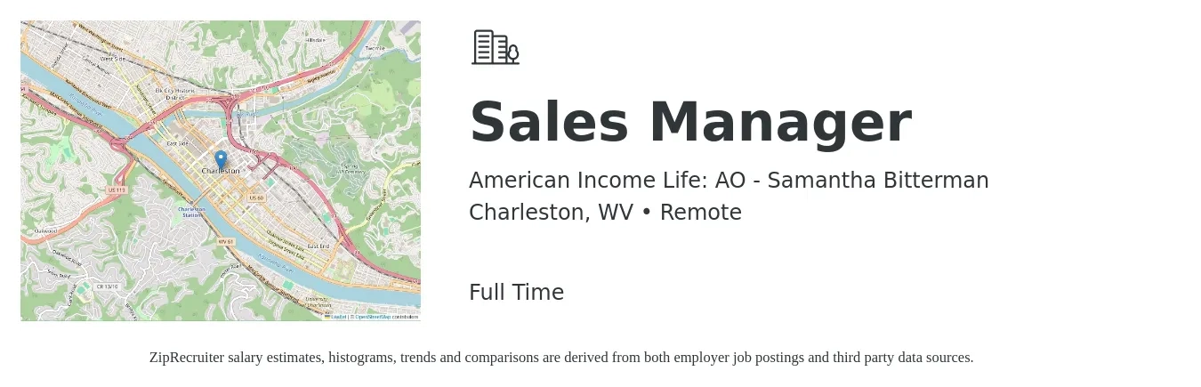 American Income Life: AO - Samantha Bitterman job posting for a Sales Manager in Charleston, WV with a salary of $43,700 to $93,800 Yearly with a map of Charleston location.