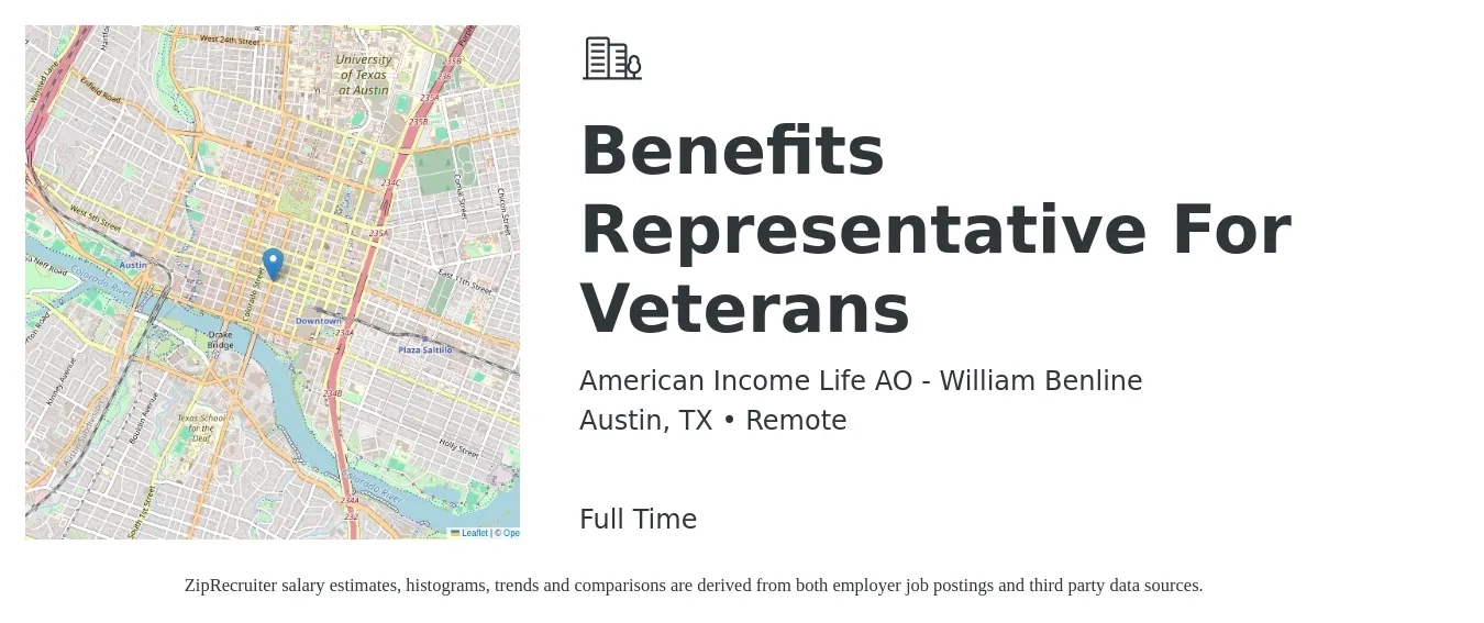 American Income Life AO - William Benline job posting for a Benefits Representative For Veterans in Austin, TX with a salary of $38,700 to $66,900 Yearly with a map of Austin location.