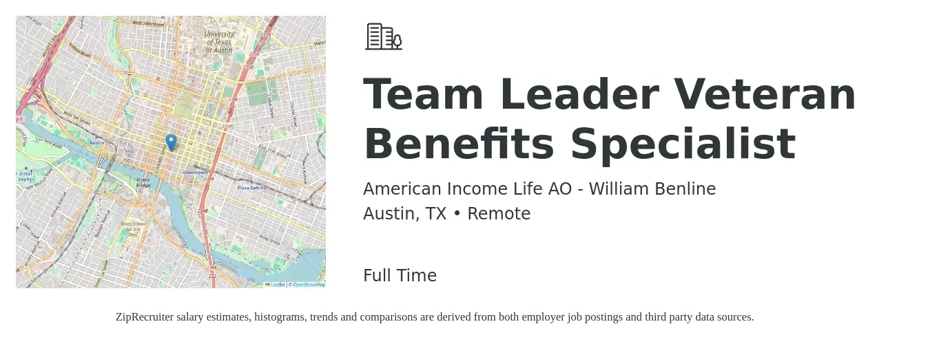 American Income Life AO - William Benline job posting for a Team Leader Veteran Benefits Specialist in Austin, TX with a salary of $16 to $25 Hourly with a map of Austin location.
