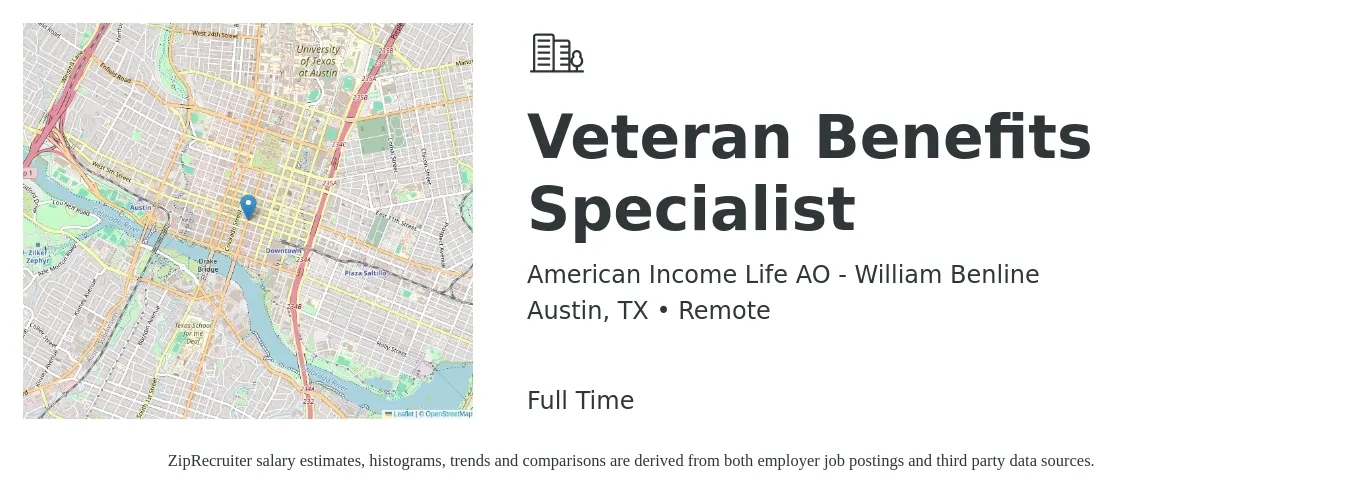 American Income Life AO - William Benline job posting for a Veteran Benefits Specialist in Austin, TX with a salary of $42,100 to $63,400 Yearly with a map of Austin location.