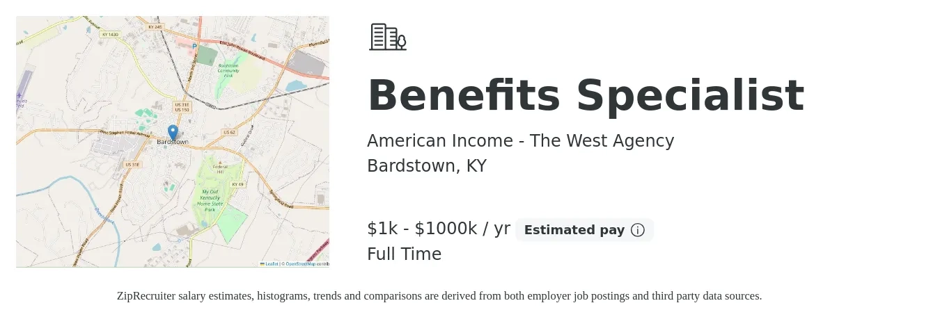 American Income - The West Agency job posting for a Benefits Specialist in Bardstown, KY with a salary of $1,000 to $1,000,000 Yearly with a map of Bardstown location.