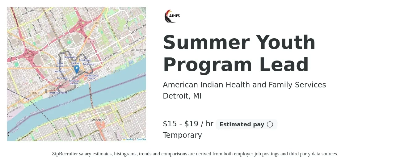 American Indian Health and Family Services job posting for a Summer Youth Program Lead in Detroit, MI with a salary of $16 to $20 Hourly with a map of Detroit location.