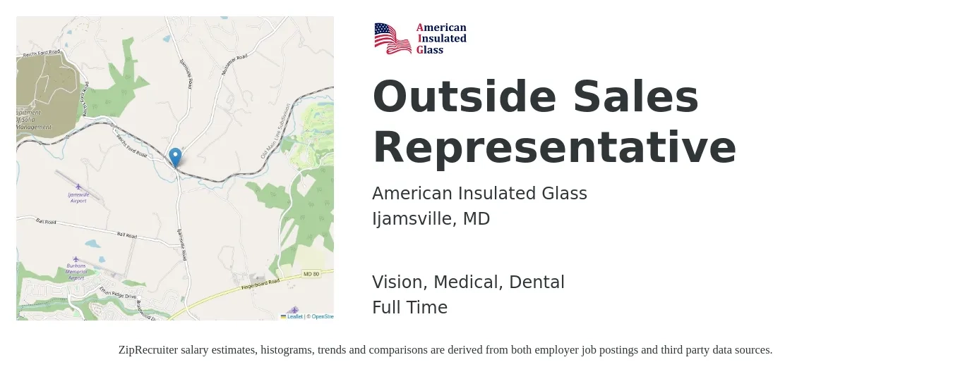 American Insulated Glass job posting for a Outside Sales Representative in Ijamsville, MD with a salary of $53,000 to $90,800 Yearly and benefits including dental, life_insurance, medical, pto, retirement, and vision with a map of Ijamsville location.