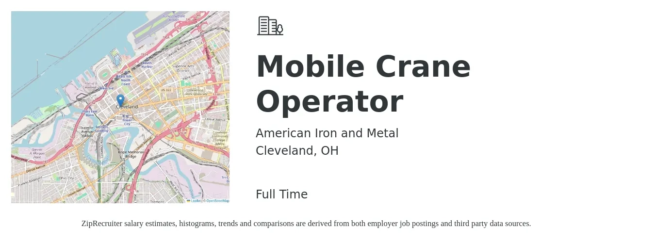 American Iron and Metal job posting for a Mobile Crane Operator in Cleveland, OH with a salary of $19 to $28 Hourly with a map of Cleveland location.