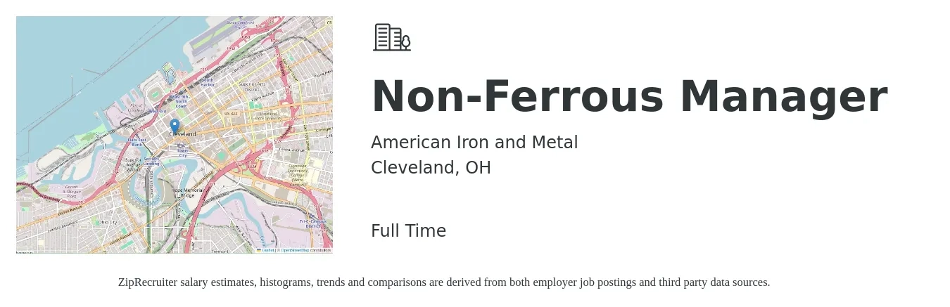 American Iron and Metal job posting for a Non-Ferrous Manager in Cleveland, OH with a salary of $63,000 to $86,200 Yearly with a map of Cleveland location.