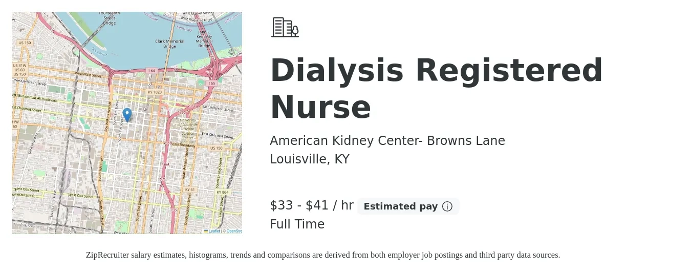 American Kidney Center- Browns Lane job posting for a Dialysis Registered Nurse- in Louisville, KY with a salary of $36 to $45 Hourly with a map of Louisville location.