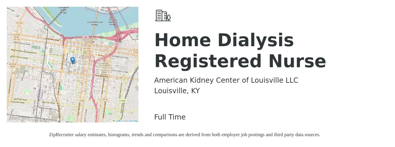 American Kidney Center of Louisville LLC job posting for a Home Dialysis Registered Nurse in Louisville, KY with a salary of $38 to $43 Hourly with a map of Louisville location.