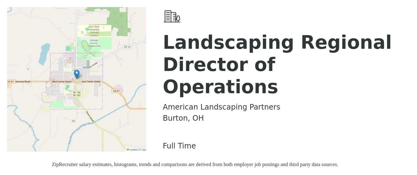 American Landscaping Partners job posting for a Landscaping Regional Director of Operations in Burton, OH with a salary of $87,600 to $129,400 Yearly with a map of Burton location.