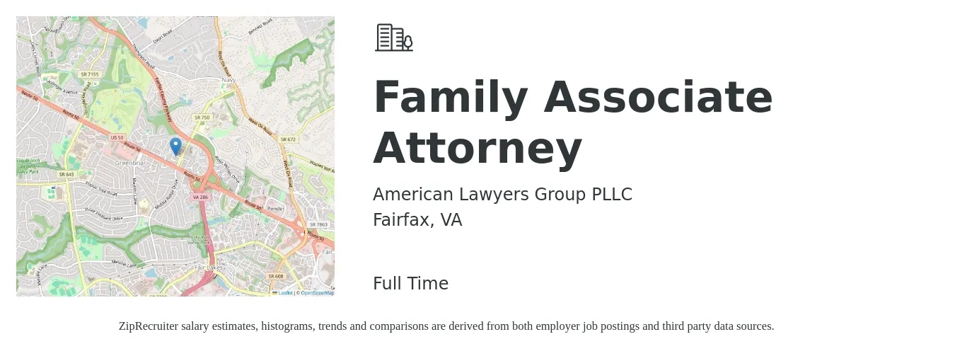 American Lawyers Group PLLC job posting for a Family Associate Attorney in Fairfax, VA with a salary of $81,900 to $133,100 Yearly with a map of Fairfax location.