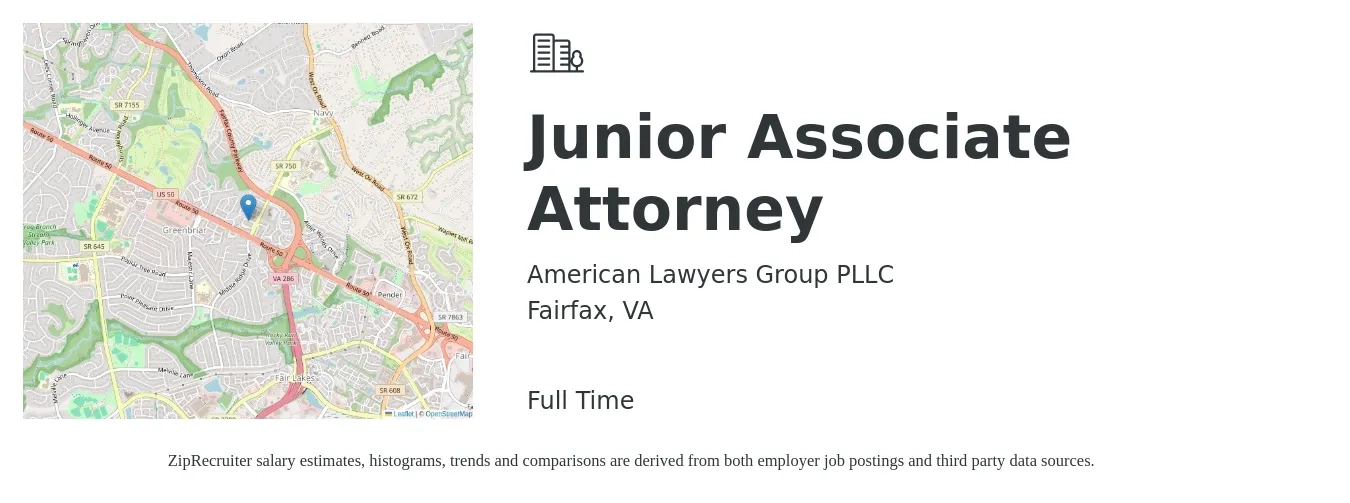 American Lawyers Group PLLC job posting for a Junior Associate Attorney in Fairfax, VA with a salary of $110,000 Yearly with a map of Fairfax location.