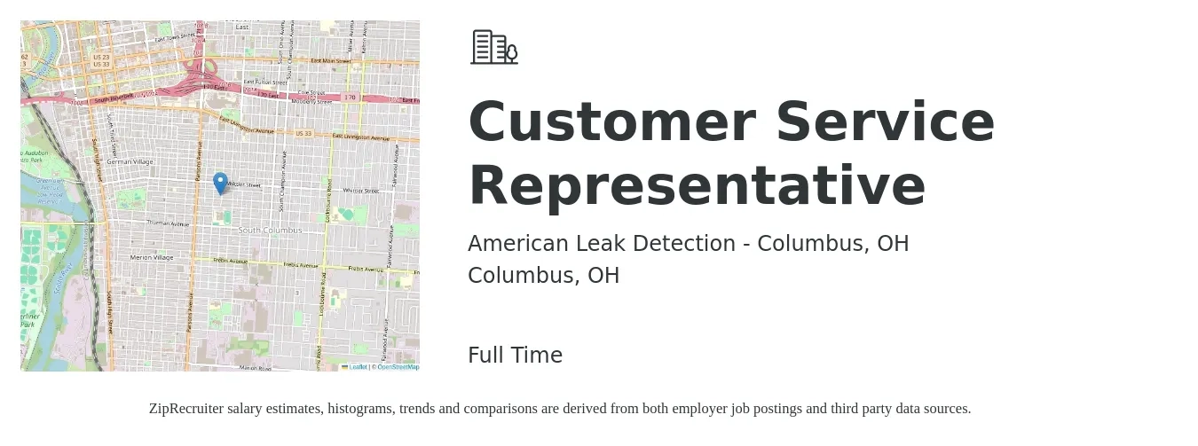 American Leak Detection - Columbus, OH job posting for a Customer Service Representative in Columbus, OH with a salary of $16 to $21 Hourly with a map of Columbus location.