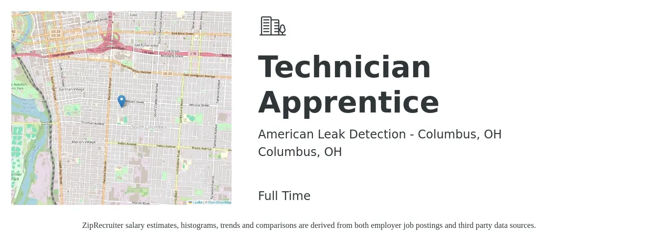 American Leak Detection - Columbus, OH job posting for a Technician Apprentice in Columbus, OH with a salary of $16 to $21 Hourly with a map of Columbus location.