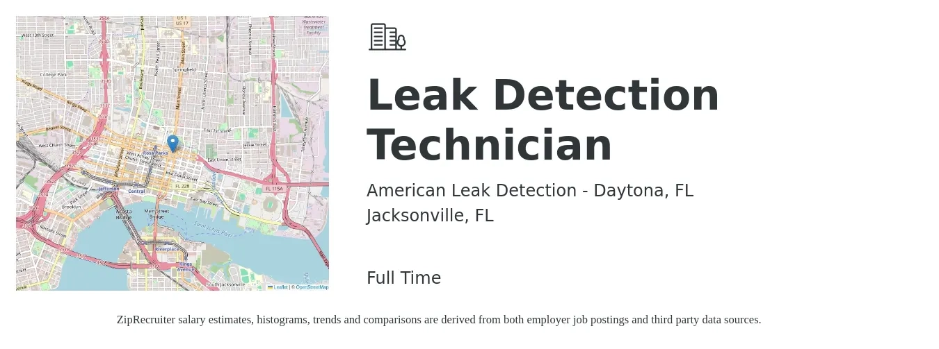 American Leak Detection - Daytona, FL job posting for a Leak Detection Technician in Jacksonville, FL with a salary of $23 to $34 Hourly with a map of Jacksonville location.