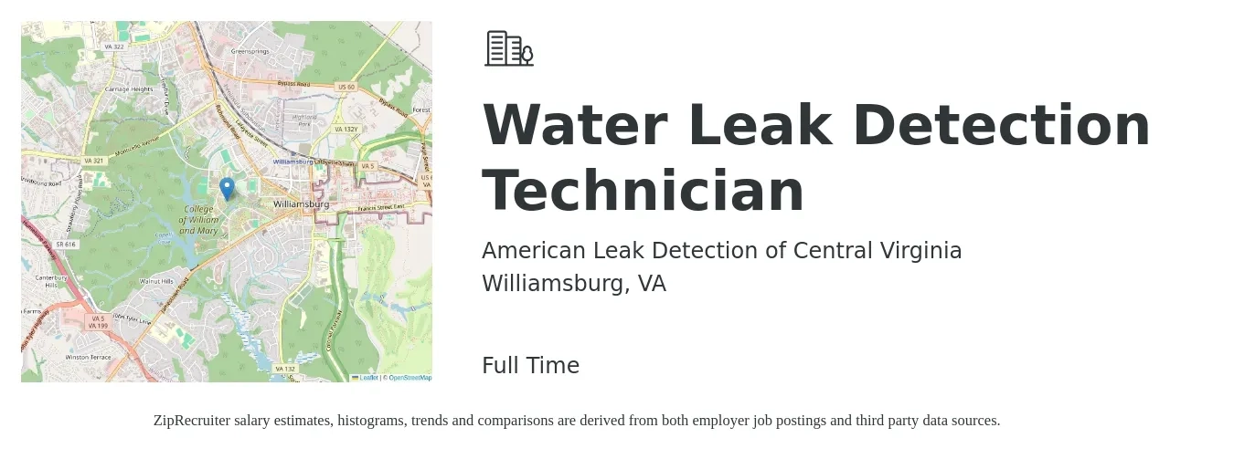 American Leak Detection of Central Virginia job posting for a Water Leak Detection Technician in Williamsburg, VA with a salary of $24 to $35 Hourly with a map of Williamsburg location.