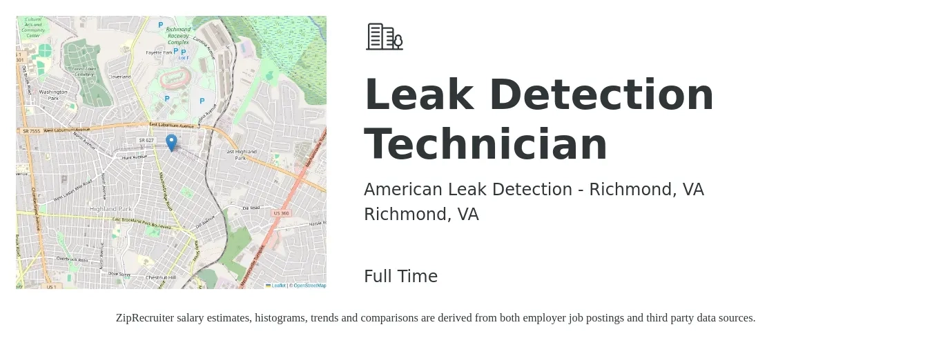 American Leak Detection - Richmond, VA job posting for a Leak Detection Technician in Richmond, VA with a salary of $24 to $36 Hourly with a map of Richmond location.