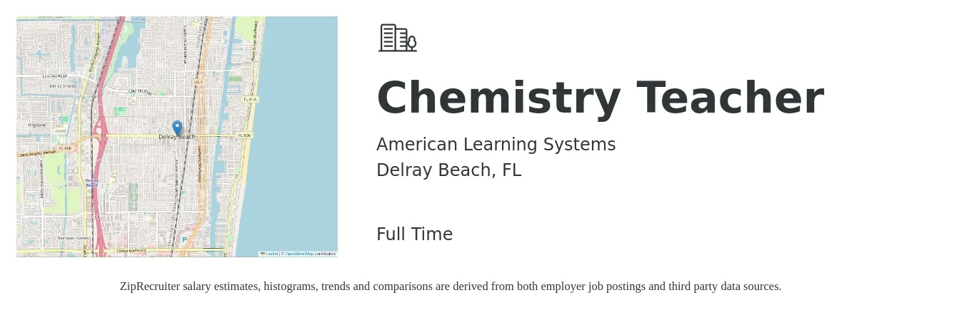 American Learning Systems job posting for a Chemistry Teacher in Delray Beach, FL with a salary of $41,800 to $57,300 Yearly with a map of Delray Beach location.