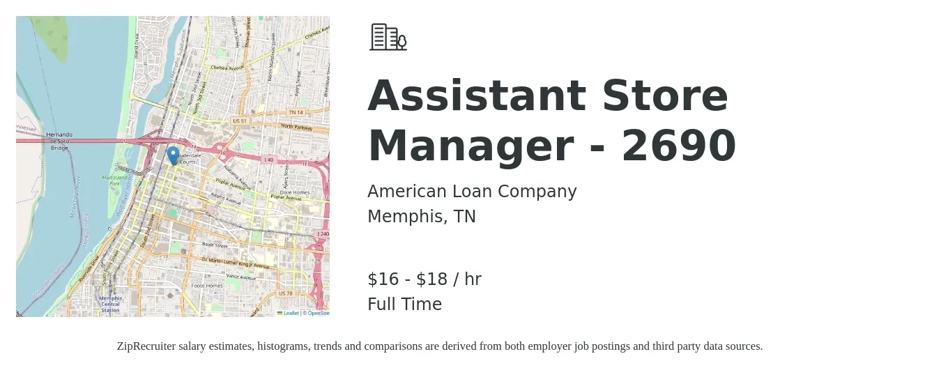 American Loan Company job posting for a Assistant Store Manager - 2690 in Memphis, TN with a salary of $17 to $19 Hourly with a map of Memphis location.