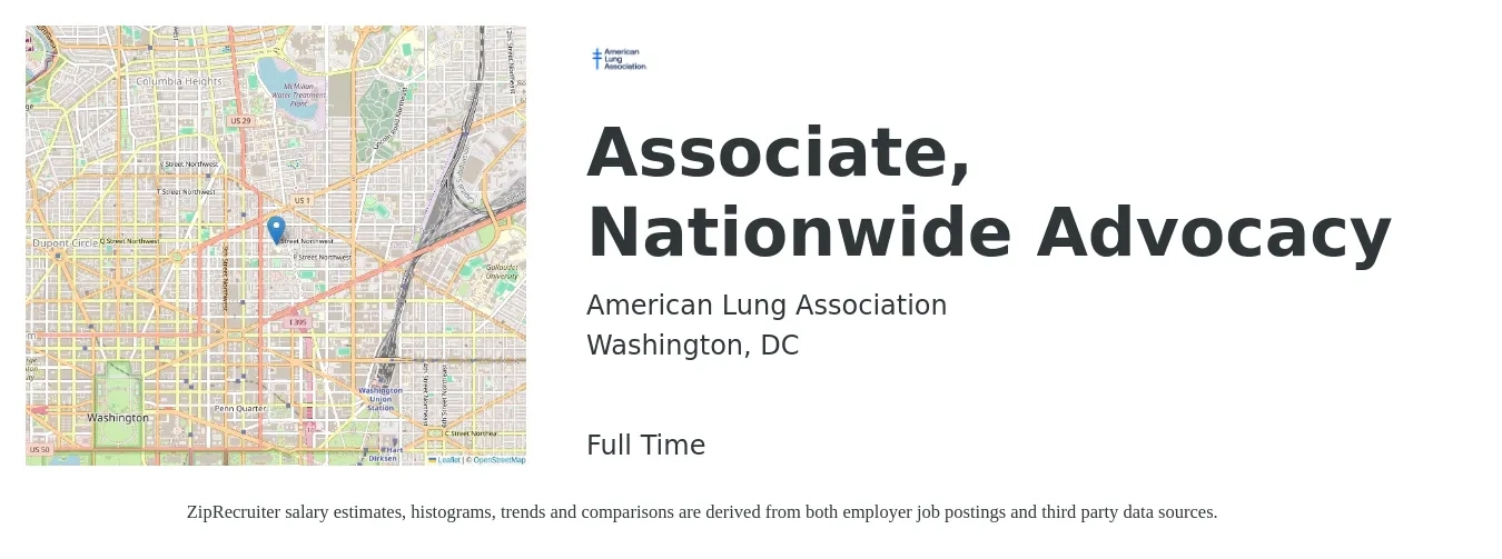 American Lung Association job posting for a Associate, Nationwide Advocacy in Washington, DC with a salary of $19 to $26 Hourly with a map of Washington location.