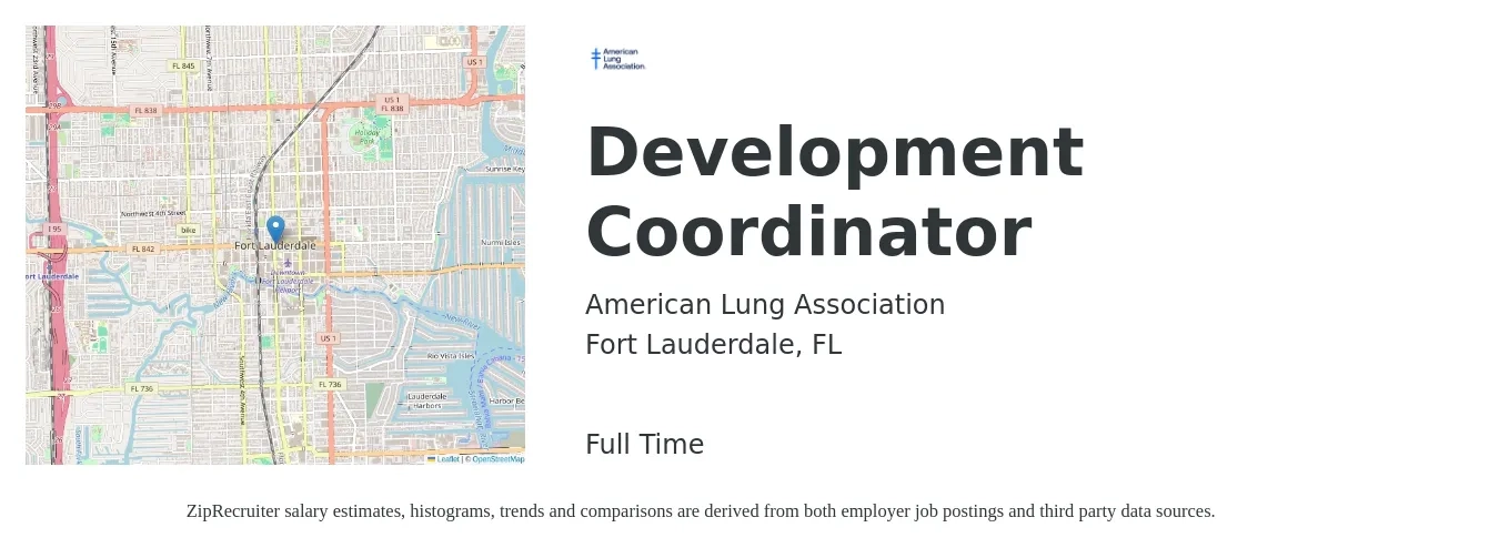 American Lung Association job posting for a Development Coordinator in Fort Lauderdale, FL with a salary of $41,400 to $55,700 Yearly with a map of Fort Lauderdale location.