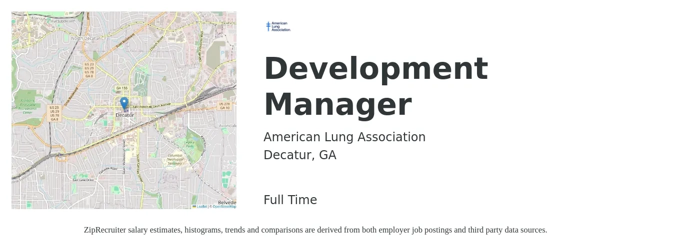 American Lung Association job posting for a Development Manager in Decatur, GA with a salary of $57,100 to $88,400 Yearly with a map of Decatur location.