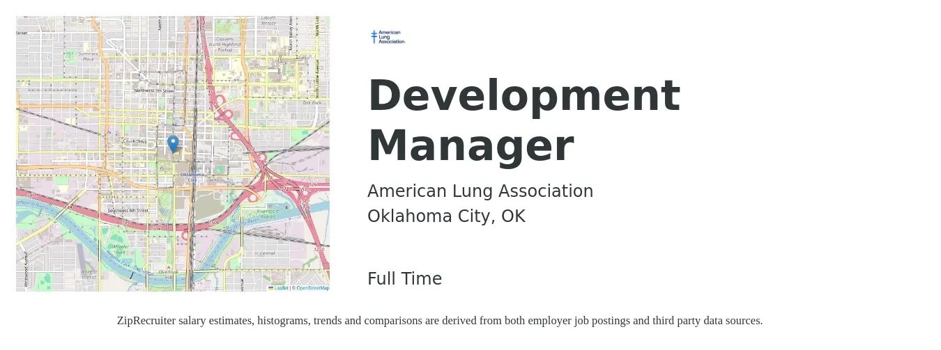 American Lung Association job posting for a Development Manager in Oklahoma City, OK with a salary of $54,400 to $84,100 Yearly with a map of Oklahoma City location.