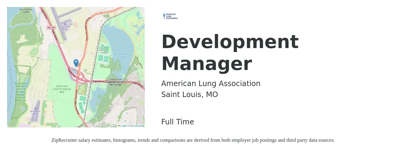 American Lung Association job posting for a Development Manager in Saint Louis, MO with a salary of $56,900 to $88,000 Yearly with a map of Saint Louis location.