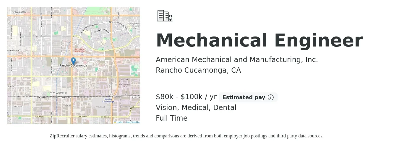 American Mechanical and Manufacturing, Inc. job posting for a Mechanical Engineer in Rancho Cucamonga, CA with a salary of $80,000 to $100,000 Yearly and benefits including dental, medical, pto, and vision with a map of Rancho Cucamonga location.