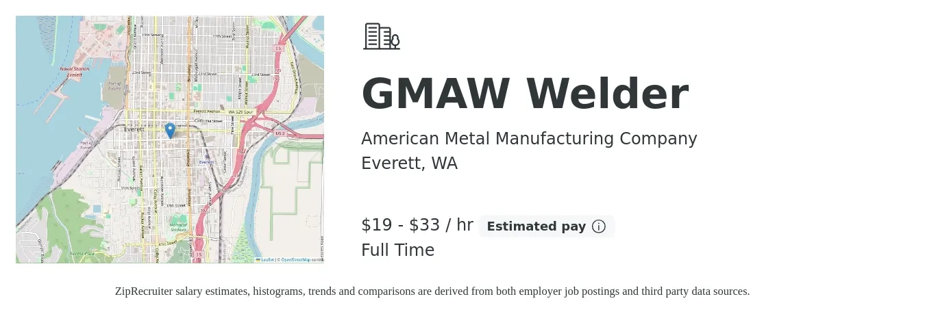 American Metal Manufacturing Company job posting for a GMAW Welder in Everett, WA with a salary of $20 to $35 Hourly with a map of Everett location.